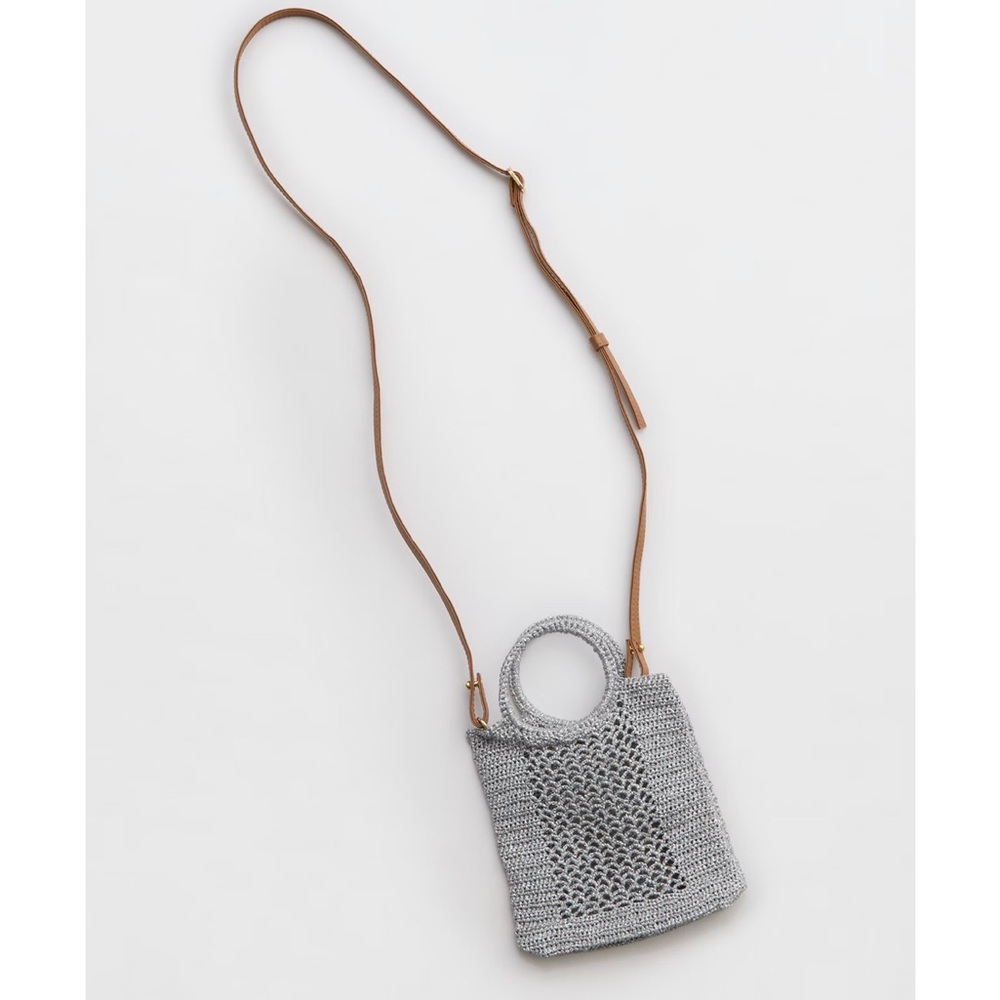 NEW Aerie Mini Crochet Phone Bag silver and tan